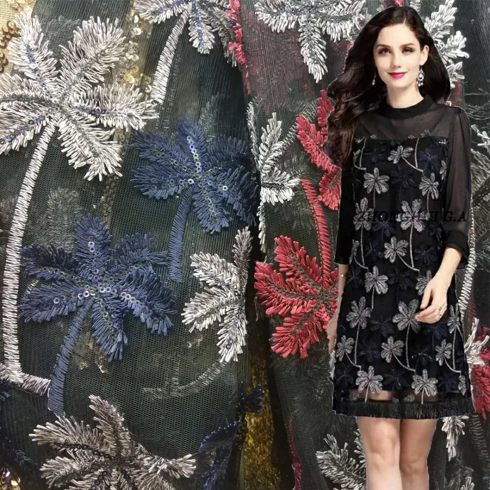 

Embroidery mesh lace fabric Coconut tree pattern Sequins african lace fabrics wholesale Embroidered Fabric for Wedding party
