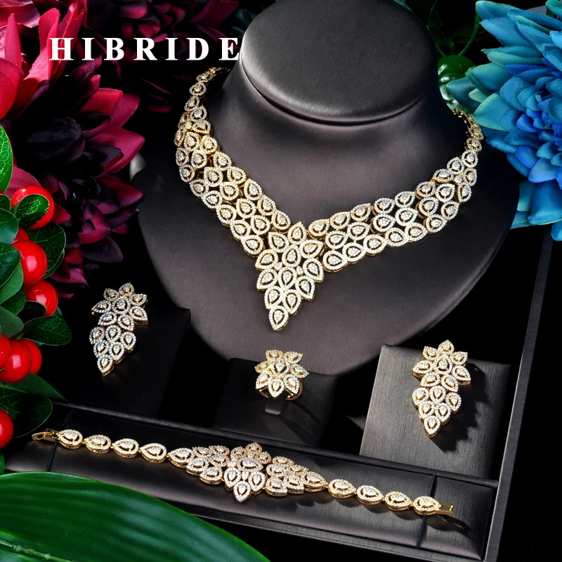 

HIBRIDE Big Flower Design Fashion Gold Color Women Bridal Jewelry Set Dress Necklace Earring Jewelry Set For Party Gits N-885