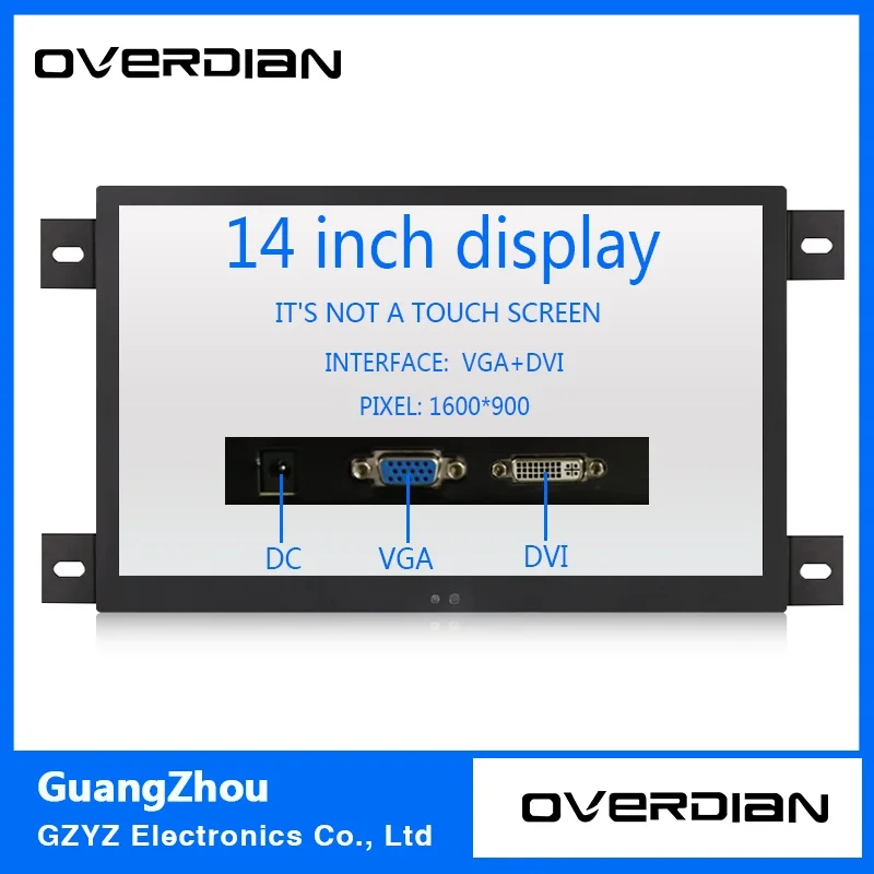 

14"VGA/DVI Interface Industrial Lcd Monitor Black Non-Touch Screen Metal Shell 1600*900 Hanger Fixed