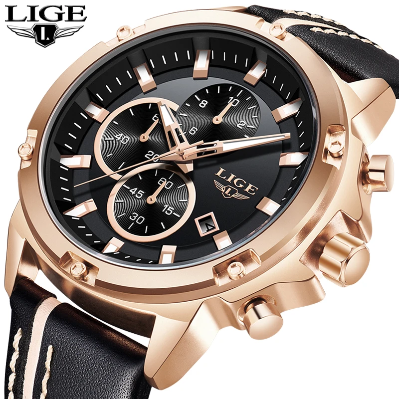 

Mens Watches LIGE Top Brand Luxury Casual Leather Sports Watch Mens Gold Waterproof Large Dial Clock Male Relogio Masculino+Box