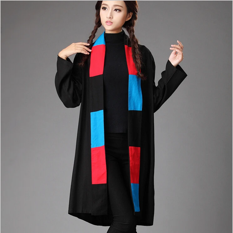 Spring and autumn original design pure linen patchwork contrast color trench coat plus size tippet cappa