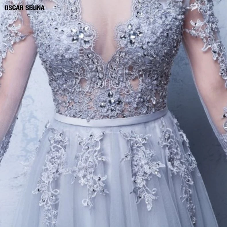 Vestido madrinha2019 новое из кружева с вырезом на шее длинным рукавом A Line серебряное