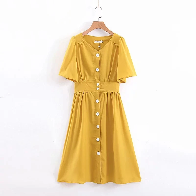 

Klacwaya Vintage women dress 2019 summer fashion ladies front button midi dresses party girls casual cute dress feminine chic