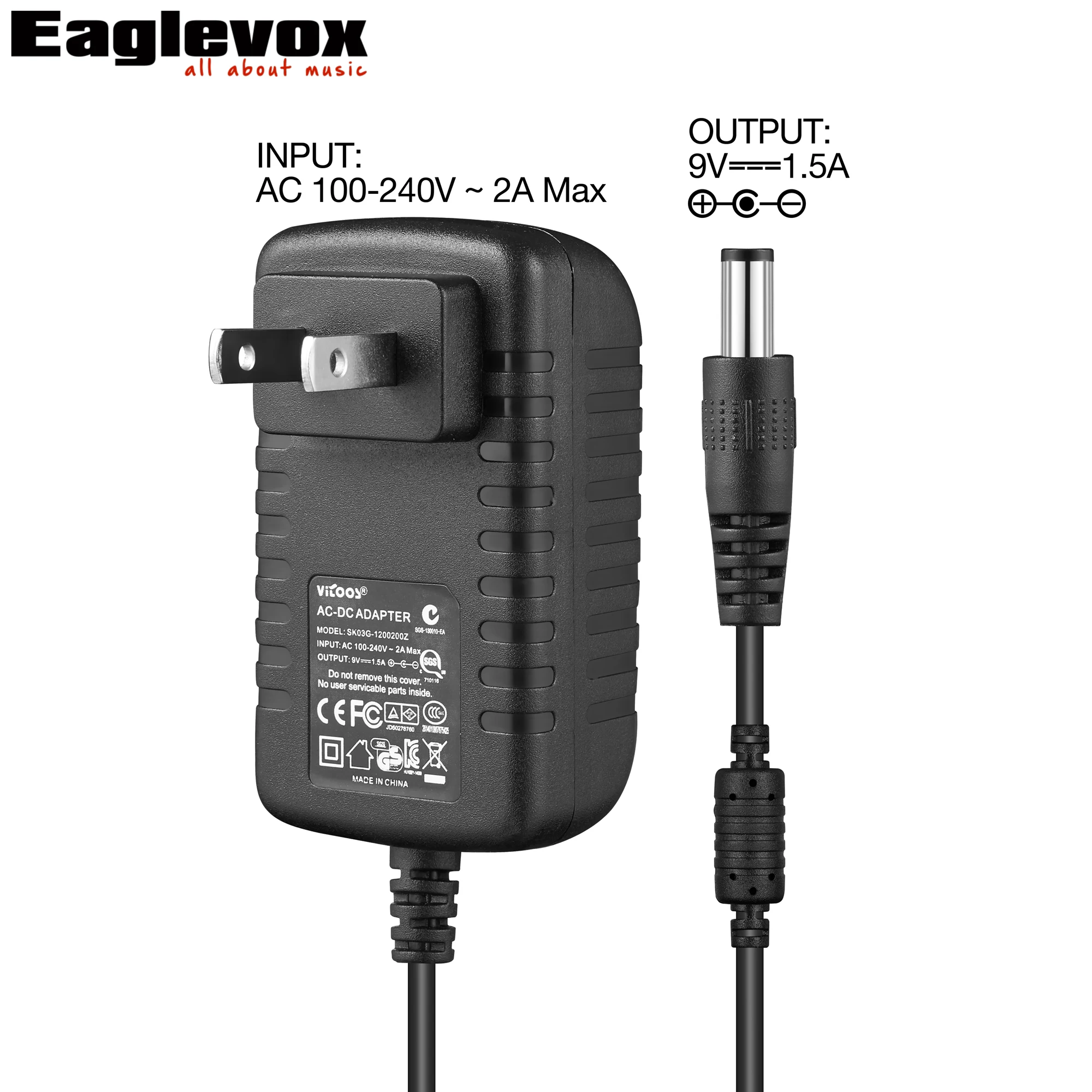 

9V 1.5A Power Adapter Negative Center 100-240V Converter US Plug For Effect Pedal