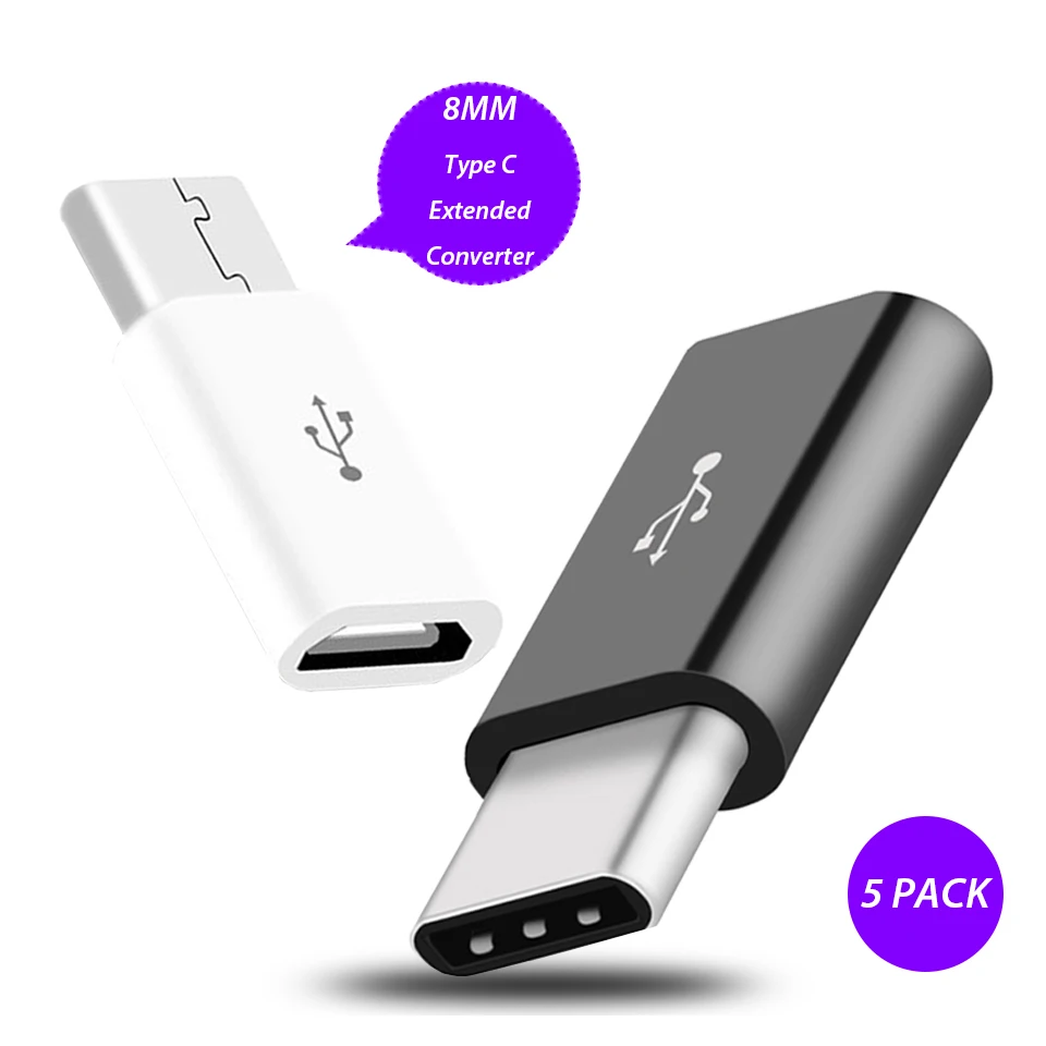 

5Pack 8MM Long USB Type C Adapter For Oukitel K5000 Blackview BV8000 Pro Micro USB Female To Type-C Male Converter Adapter Cable
