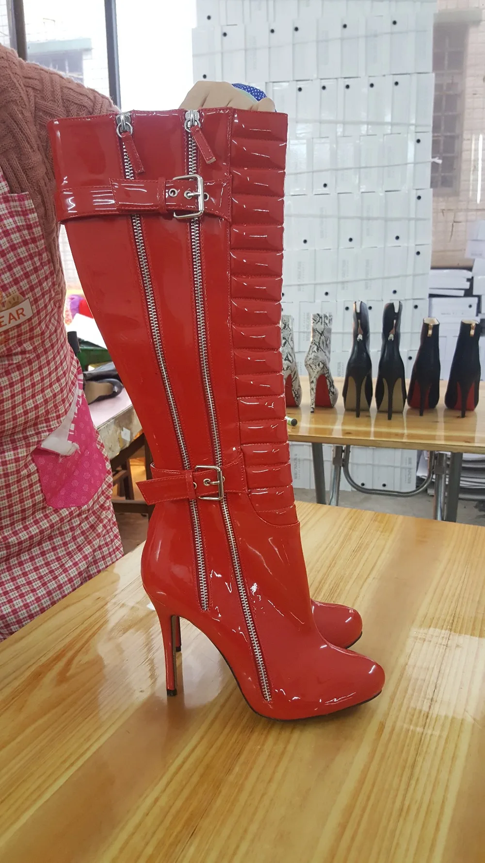 CHMILE CHAU Sexy Party Shoe Women Thin Stiletto High Heel Buckle Zipper Pleated Ladies Knee-High Boots Zapatos Mujer 0640CBT-Y5