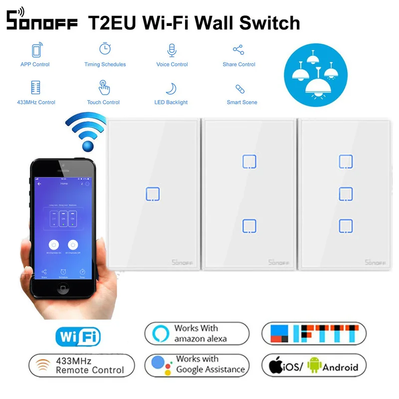 

SONOFF T2 US EU UK TX Basic Smart Wifi Touch Wall Light Switch With Border Smart Home 433 RF/Voice/APP Control Works With Alexa