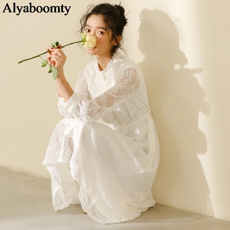 

Korean Chic Autumn Spring Women Long White Dress Stand Collar Hollow Out Elegant Lace Dress Full Sleeve Sweet Mori Girl Dresses
