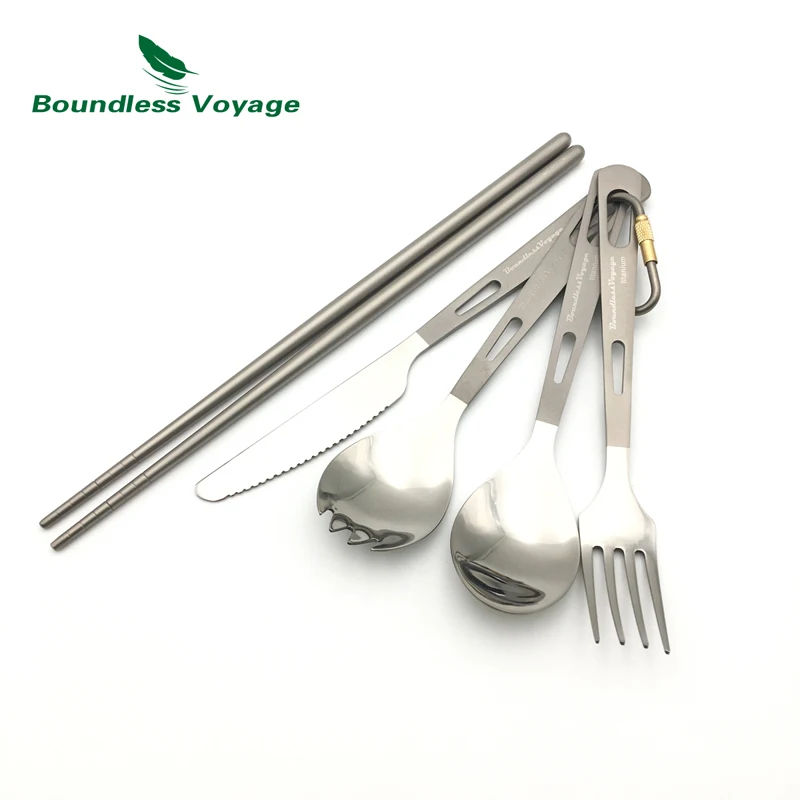 Boundless Voyage Titanium Knife Spork Spoon Fork Chopsticks 5pcs Set
