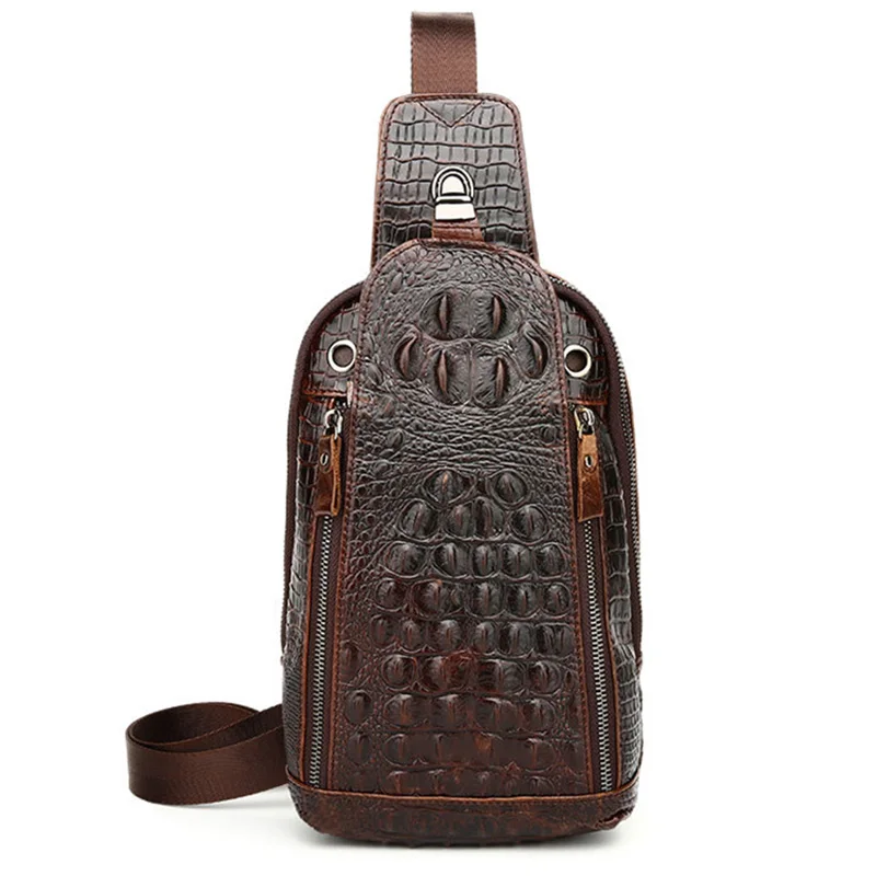Sling Shoulder Back Pack Genuine Leather Crocodile Grain Men Messenger Chest Bag