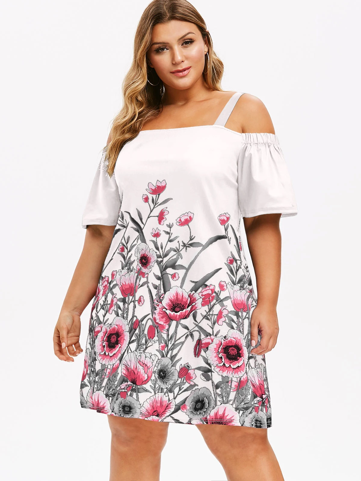

ROSE GAL New Plus Size Open Cold Shoulder Floral Dress Ruffle Spaghetti Strap Summer Dress Square Collar Mini Boho Dress L - 5XL