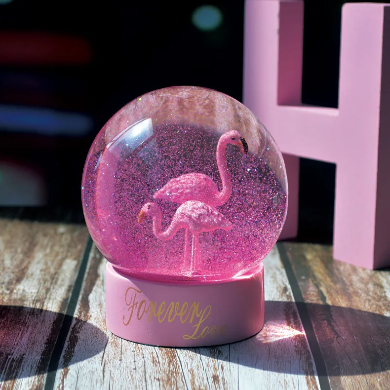 Сувенир Розовый фламинго хрустальный шар вода Прохладный снег глобус Снежинка блестит Девушки Женщины студента подарок на день рождения свадебный подарок