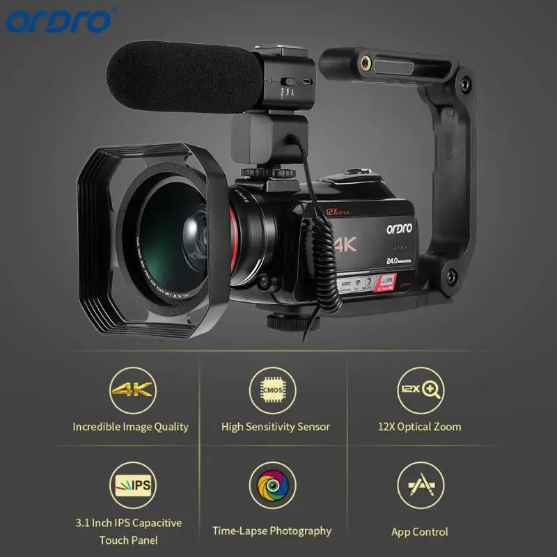 Ordro AC5 4K видеокамеры с микрофоном зум 12X FHD 24MP WiFi ips сенсорный экран цифровой оптический DV мини-видеокамеры