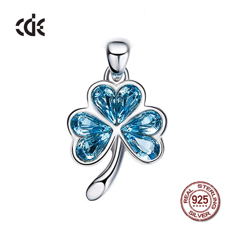 

Fashion 100% S925 Sterling Silver Blue Love Heart Crystals from Swarovski Clover Charms Pendant for Women Girl Gift