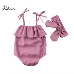 Хлопок для маленьких девочек одежда пояс новорожденных для маленьких девочек полосатый ремешок комбинезон 2 шт. костюмы Летняя Детская