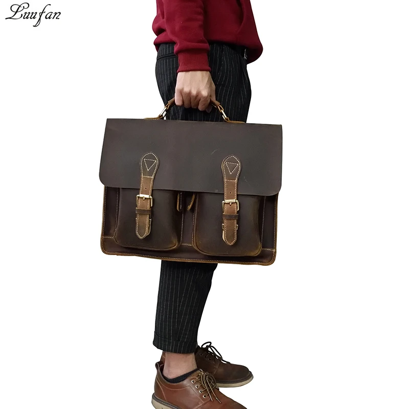 

Vintage Crazy Horse Genuine Leather Men Briefcase 14 inch Laptop Handbag Large Shoulder Messenger Portfolio Bag Business Case