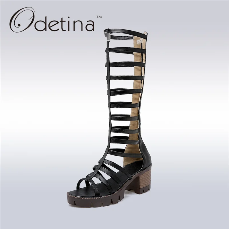Odetina 2019 New Fashion Gladiator Sandals Women Knee High Heel Platform Chunky Sandals Hollow Out Summer Boots Big Size 34-43