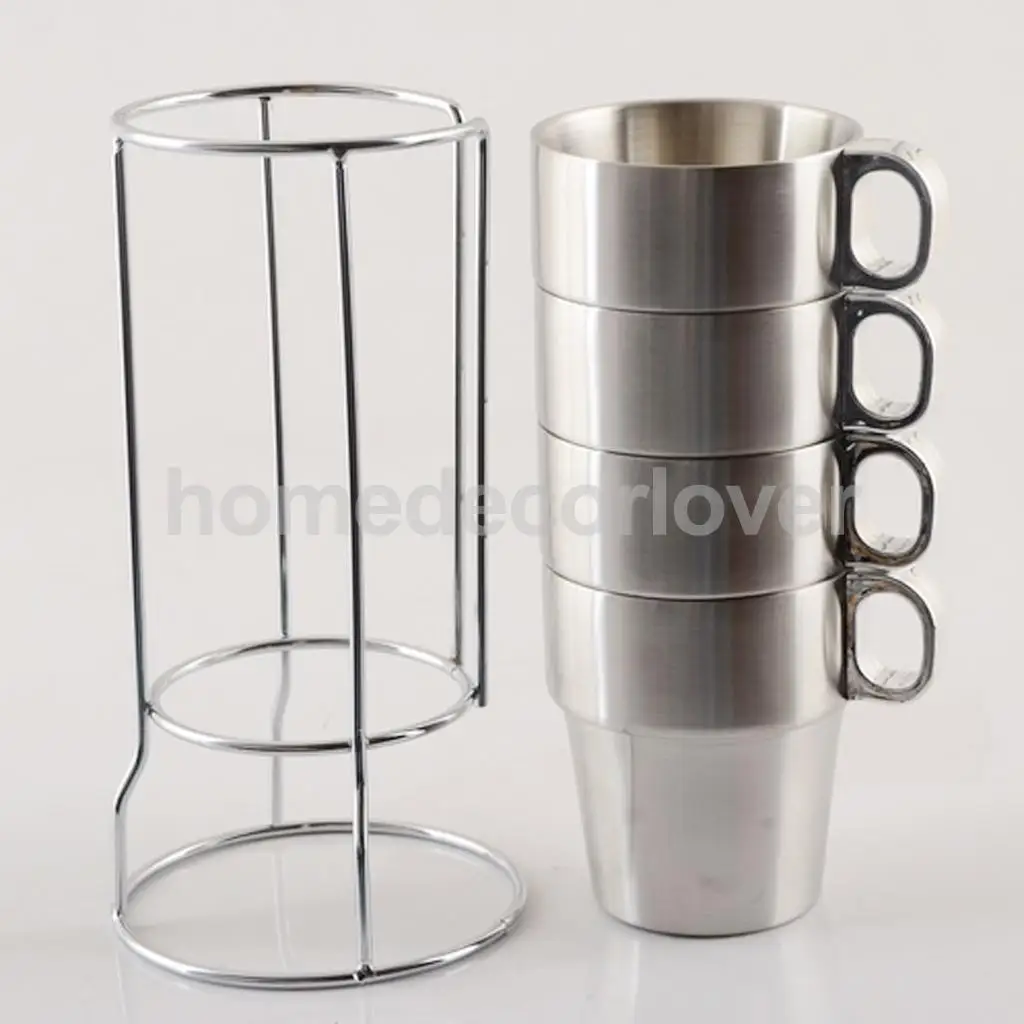 Stainless Steel Cup Double Wall  Tea Coffee Mug Unbreakable 6Mugs and Holder