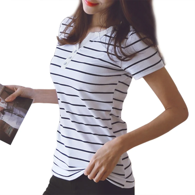 

Women T Shirt 2019 Summer Top Shirts V-neck Short Sleeve Casual tshirts White Strip T-Shirt Plus Size Cotton Tee Shirt Femme #9