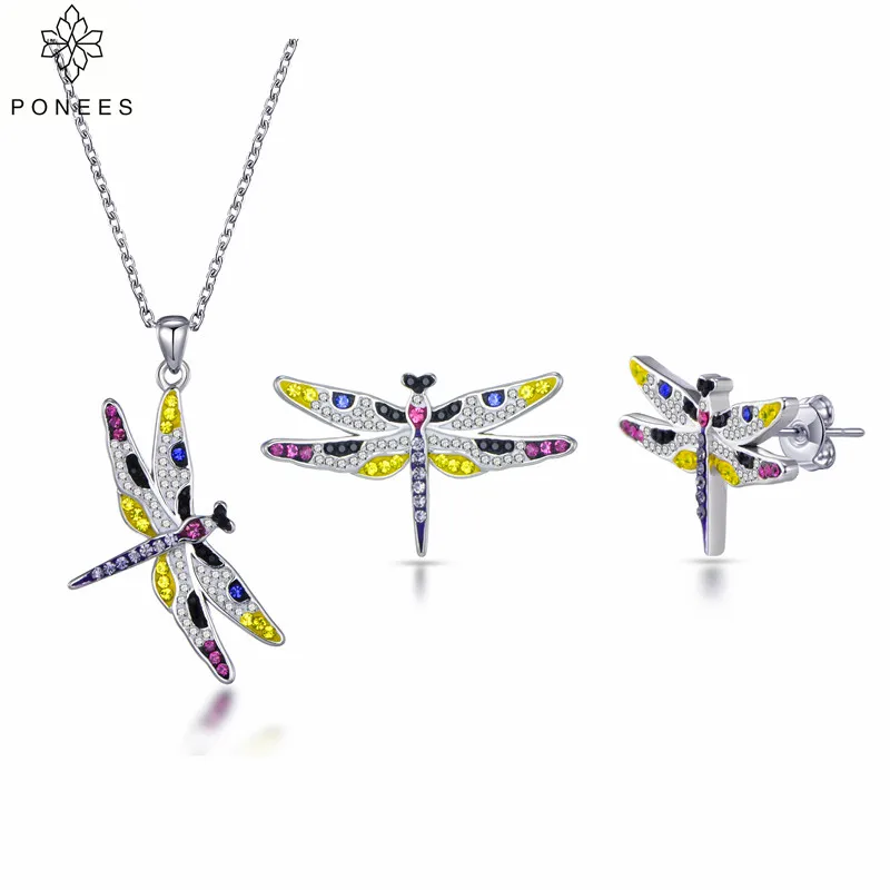 

PONEES New Fashion New Women Dragonfly Necklace Earrings Set Colorful Crystals Pendant Women Girls Jewelry Parure Bijoux Femme