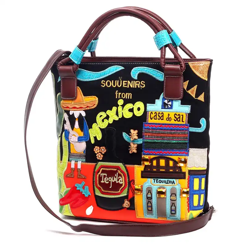 Women Cartoon Travel Handbag Embroidery Leather Messenger Shoulder Bag Colourful