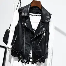 Chaquetas de cuero de Pu sin mangas negras de talla grande chaqueta de invierno para mujer con cinturón de Pu Veste chaqueta de motocicleta chaleco remache chalecos