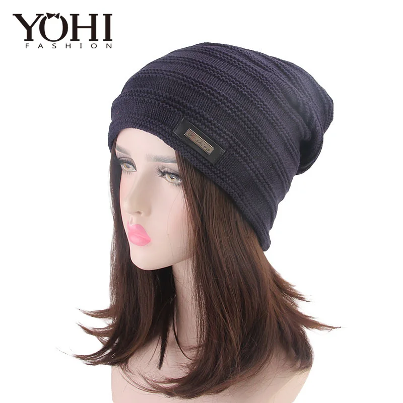 

2018 New fashion Winter Beanie Wool Knitted Beanie Unisex Warm Crochet Chunky striped Slouchy Hat Winter Gorro De Inverno Beanie