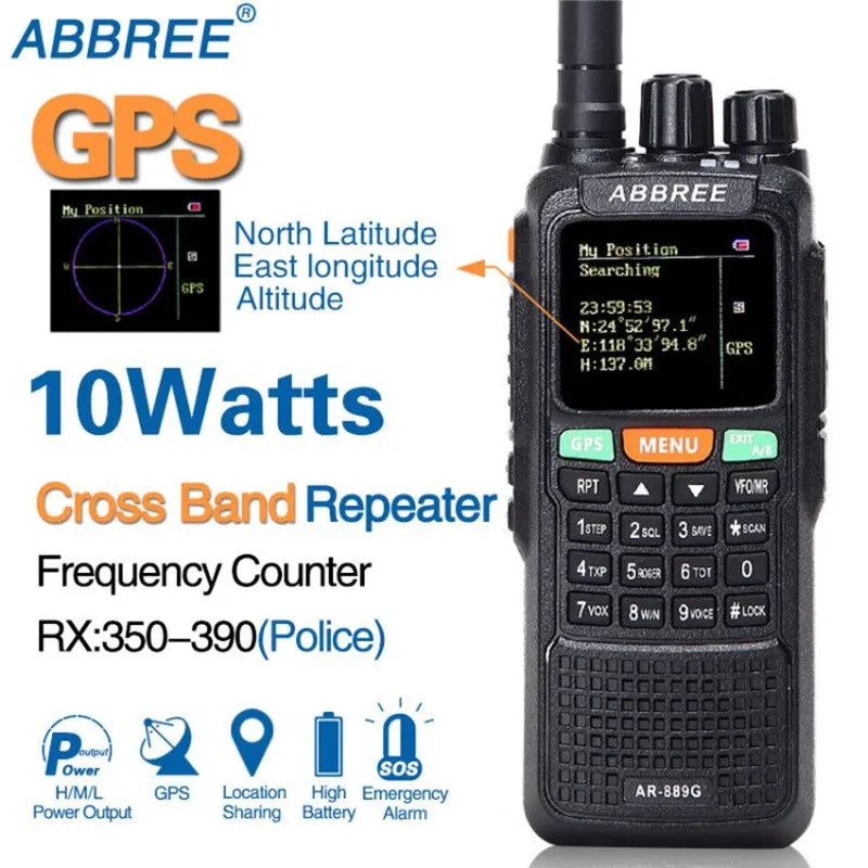 ABBREE AR-889G GPS 10W Walkie Talkie 889G SOS 999CH Duplex Repeater Night mode Dual Band VHF UHF Radio HF Transceiver+USB Cable