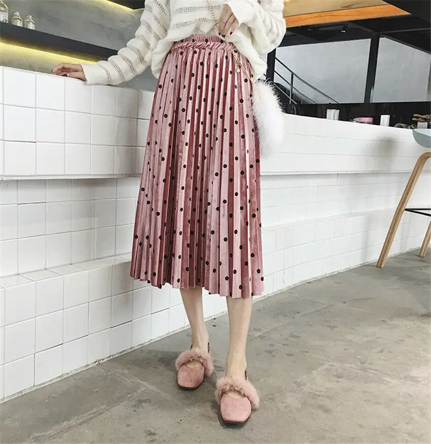 

Retro Korean Style Women Velvet Pleated Skirt Midi Elastic Waist A-line Polka Dot Swing Long Skirt Plus Size