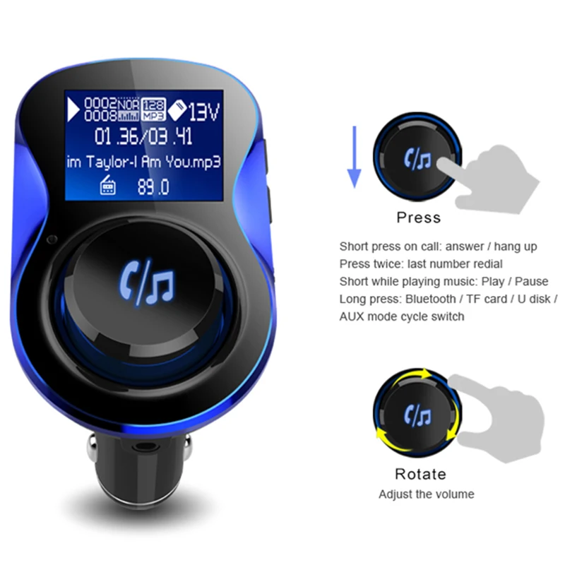 FM Bluetooth передатчик синий двойной USB mp3 плееры автомобильное зарядное устройство Bluetooth FM Громкая связь подстаканник зарядное устройство BC28