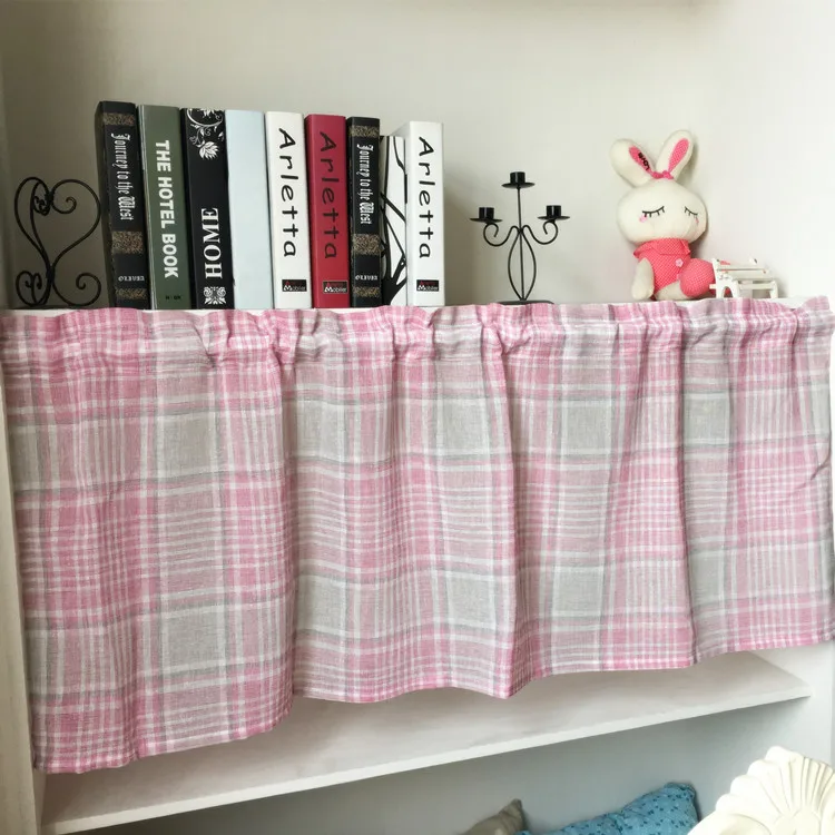 Pink Grey Linen Short Kitchen Curtain Plaid Half Curtain for Window