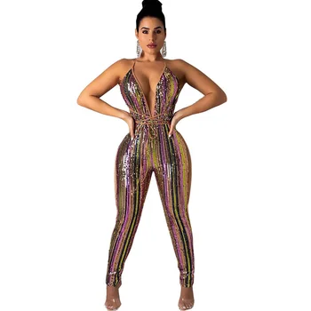 

Sexy Colorful Sequin Christmas Bodycon Jumpsuit Women Sleeveless Halter V-neck Lace Up Glitter Romper Sparkly Party Overalls