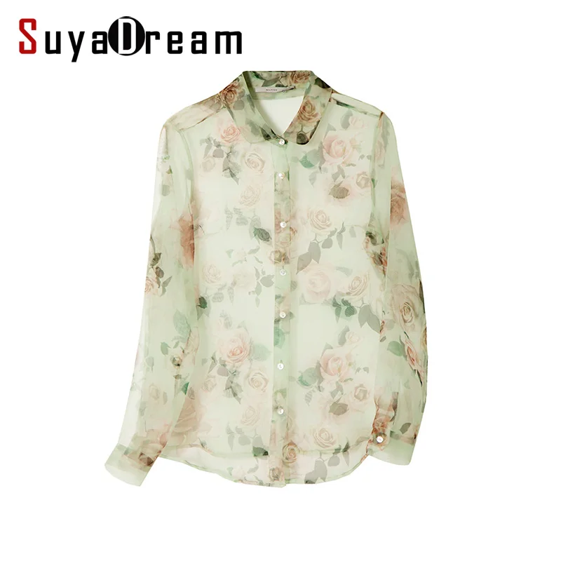 Image Women Silk Blouse 100%ORGANZA REAL SILK Vintage Floral print long sleeve Transparent button blouse shirt Blusas femininas 2017