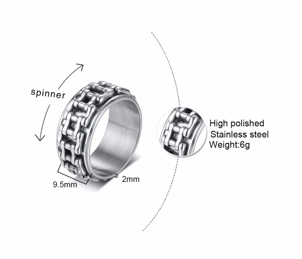 9,5 мм Мотоциклетная цепь, Спиннер из нержавеющей стали, байкерское кольцо для мужчин, облегчение стресса, велосипедная лента, мужские ювелирные изделия