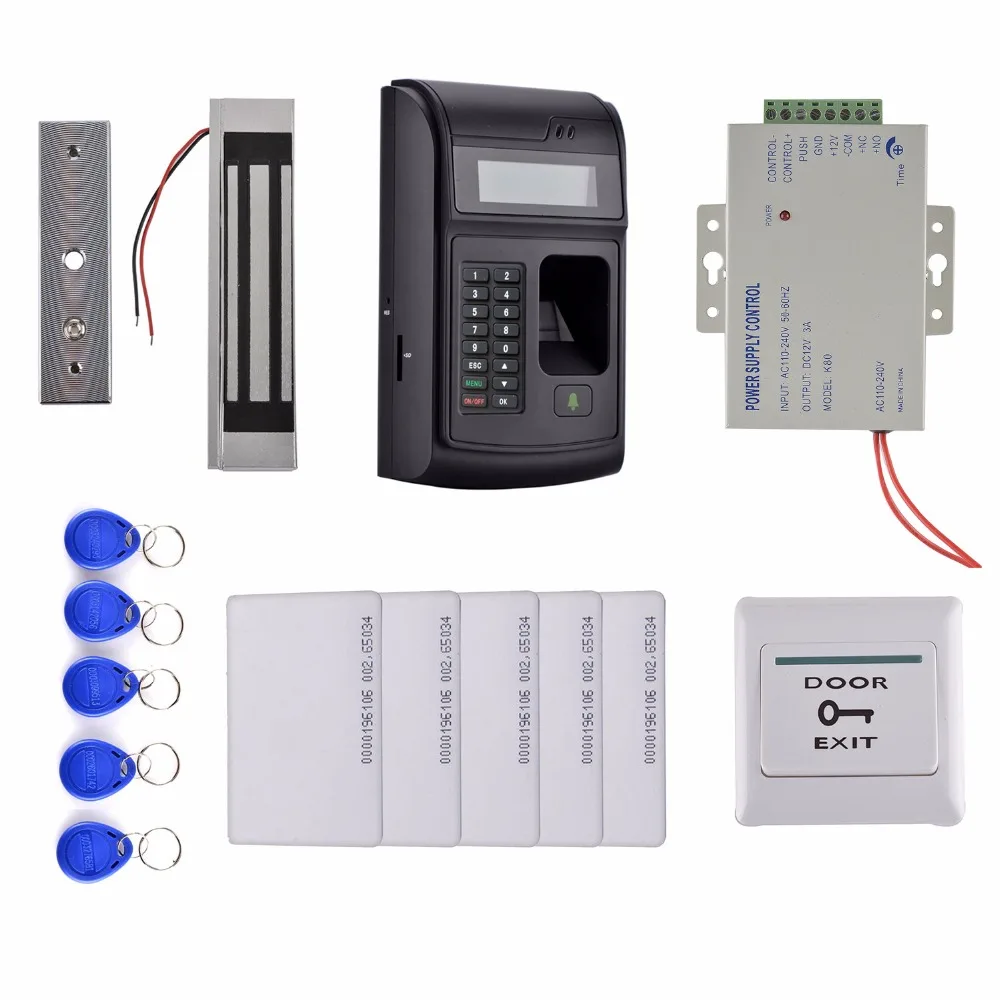 

LCD Biometric PIN Code 125KHz RFID ID Card Reader Door Lock Fingerprint Access Control System kit+Magnetic Lock +Power Supply