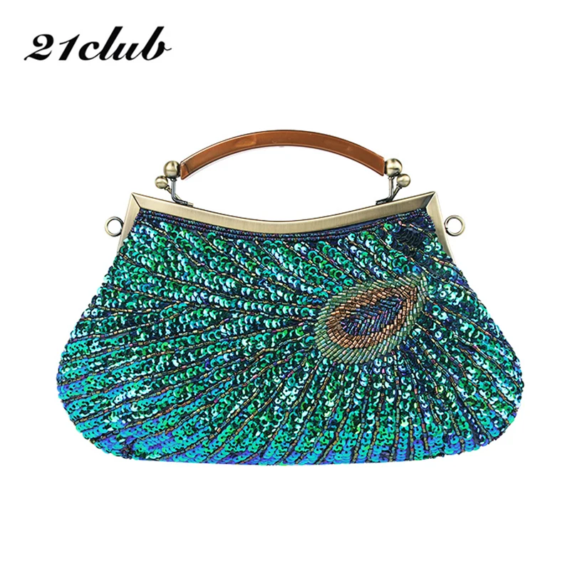 

21club brand ladies folk-custom sequin peacock pattern totes vintage party wedding luxury women evening crossbody handbags