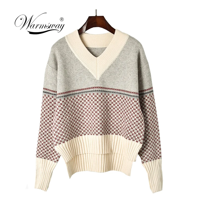 Autumn 2019 v-neck sweater women korean patchwork irregular back crab knitted Jacquard split pullover jumper Loose top C-403 | Женская