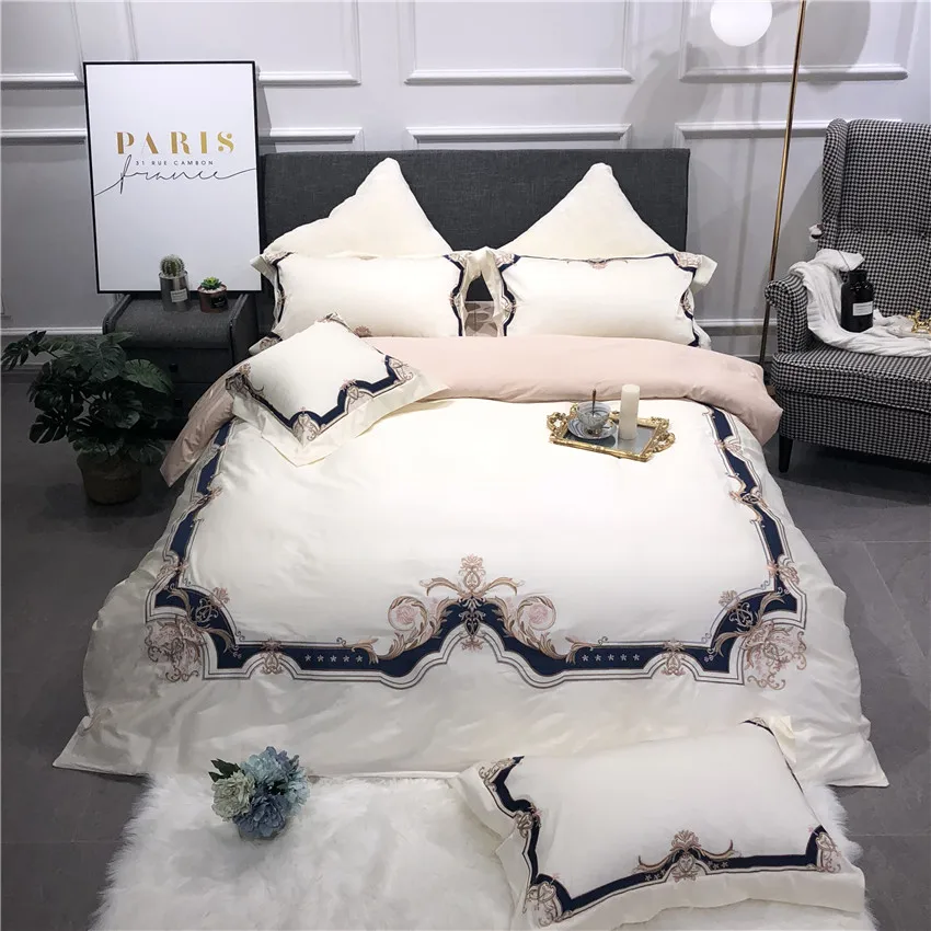 

Egyptian Cotton Luxury Bedding Set White Queen King size Bed Sheets Linen set Luxury Embroidery Bed set Duvet/Quilt Cover Pillow
