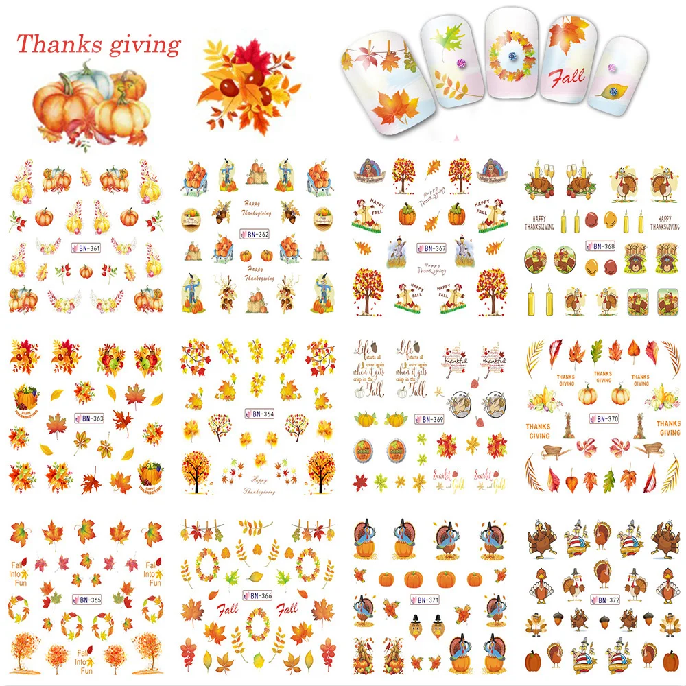 

1 Sets 12 Designs Water Transfer Yellow Styles Maple Leaf Thinks Giving Gift for Nail Art Sticker Beauty DIY Decals TRBN361-372