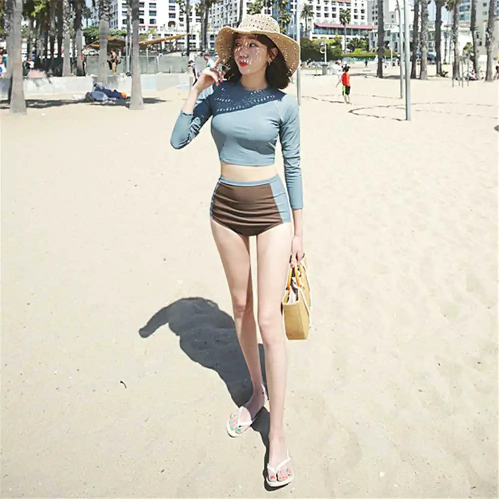 

Long Sleeve Rash Guard High Waist Two Pieces Swimsuit Women Solid Swimwear High Neck Tankini Korean Bathing Suit Surf Clothes