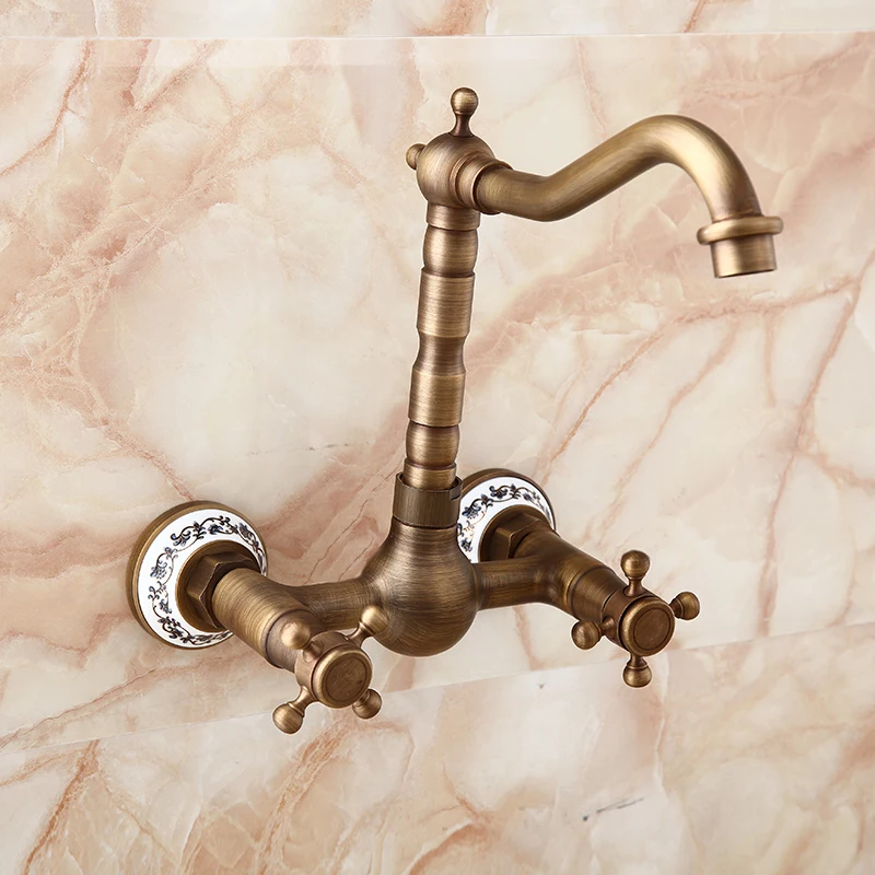 Bathroom Basin Faucets Antique Brass Porcelain Mixer Tap Wall Mounted