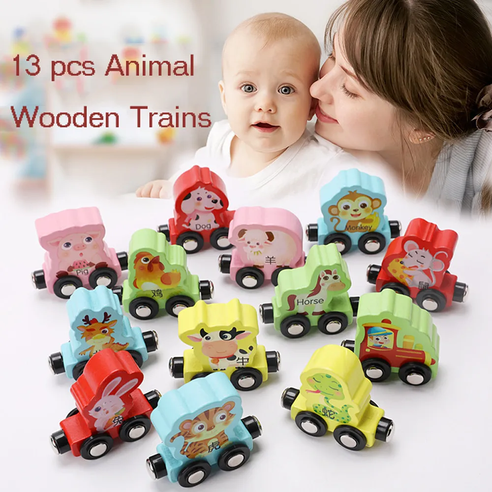 

Kids 1Set Mini Toy DIY Car 13pcs Kids Baby Wooden Animal Train Colorful Learning Educational Toy DropShipping