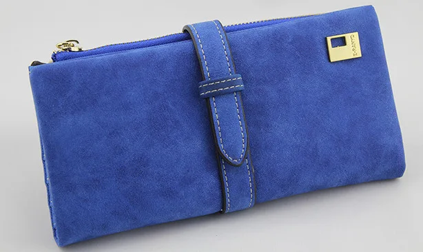 Blue Известный бренд, Длинный кошелек, два сложения, женские кошельки, на завязках, нубук, кожа, на молнии, замшевый кошелек, дамская сумочка, клатч - Цвет: Blue