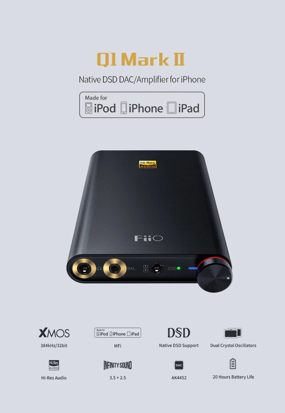 FIIO Q1 Mark II родной DSD декодер Hi-Fi hi-res-аудио 2,5 мм 3,5 мм Портативный наушники усилитель DAC