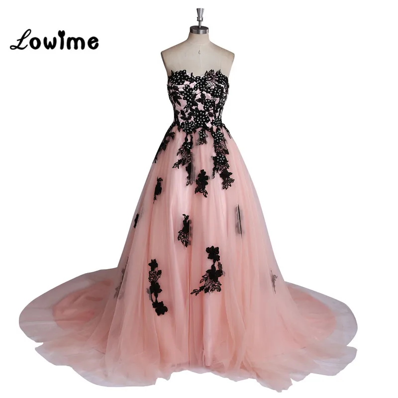 

Pink Long Evening Dress with Black Lace Corset Back Prom Dresses Evening Gown Robe de Soiree vestido longo formal dress