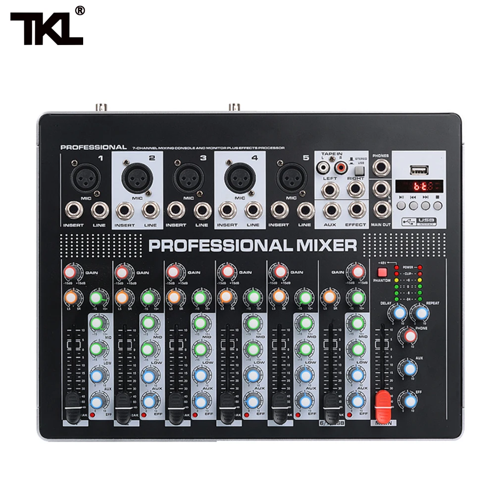 TKL контрольно-DSP8 7 канальный усилитель, работающий на основании технологии "блютус" с Wiress микрофон DJ микшерная консоль с USB 48V Phantom Мощность микрофона для караоке стадии