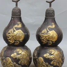 1" Клеймо Китайский Бронзовый Свинка Tongzi Calabash Тыква Держать Персик Горшок Пара Статуя