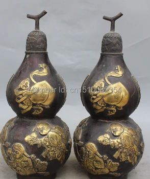 

14" Marked Chinese Bronze Gilt Tongzi Calabash Gourd Hold Peach Pot Pair Statue