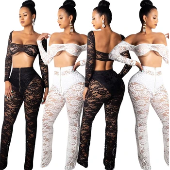 

Women Two Piece Set Tracksuit Long Pants +Long Sleeve Slash Neck T-Shirt Blouse Ladies Bodycon Lace Sexy Club Outfits Women Sets