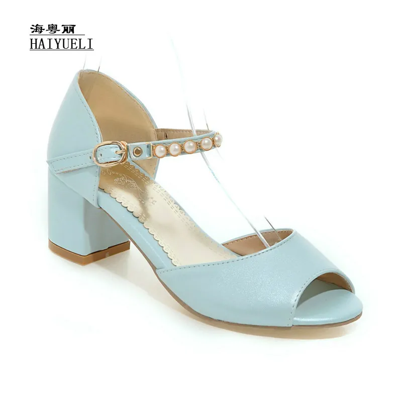 

Women Brand Fashion PU Leather Open Toe Ankle Strap with Pearl Thick High Heels Ladies Sandals Plus Size 34~43